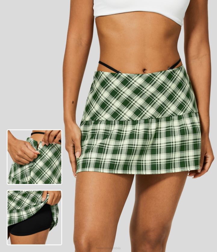 ropa cuadrado blanco verde BBV2NZ580 mujer Halara Minifalda informal a cuadros 2 en 1 con cremallera invisible fruncida y correa extraíble de talle bajo