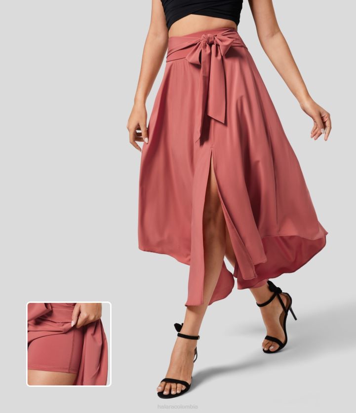 ropa llama roja BBV2NZ697 mujer Halara Falda informal midi de secado rápido, 2 en 1, con dobladillo curvo, abertura lateral y lazo, de talle alto, fluida y acampanada