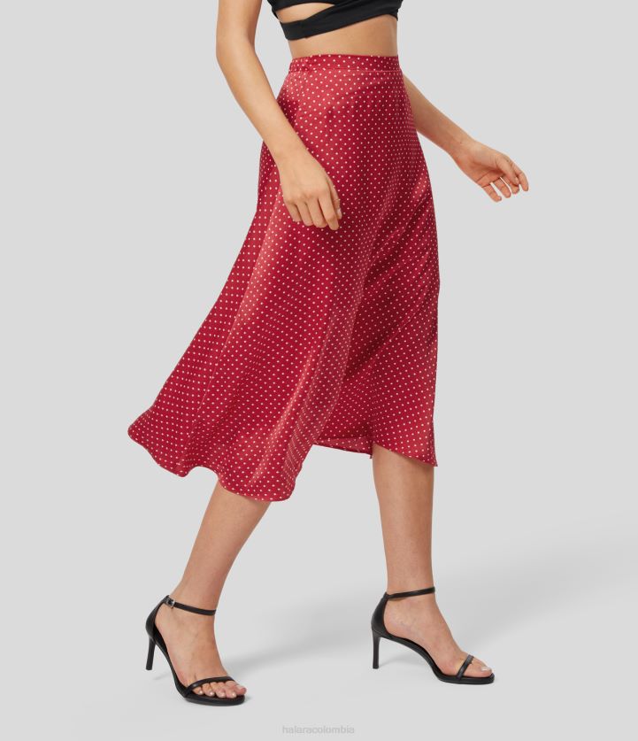 ropa lunares rojos BBV2NZ718 mujer Halara falda midi informal con vuelo y lunares con cremallera invisible en la espalda y cintura alta