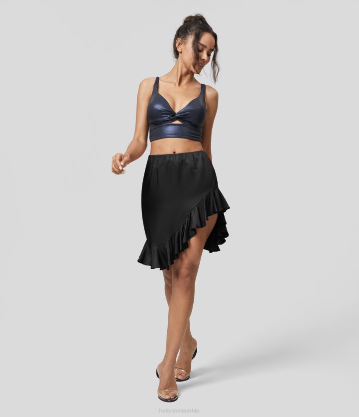 ropa negro BBV2NZ690 mujer Halara Minifalda de fiesta satinada lisa con dobladillo con volantes asimétricos y cinturilla elástica de talle medio