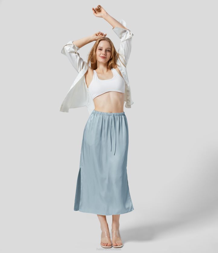 ropa original BBV2NZ763 mujer Halara falda casual midi tipo satén con abertura y bolsillo lateral con cordón de talle medio