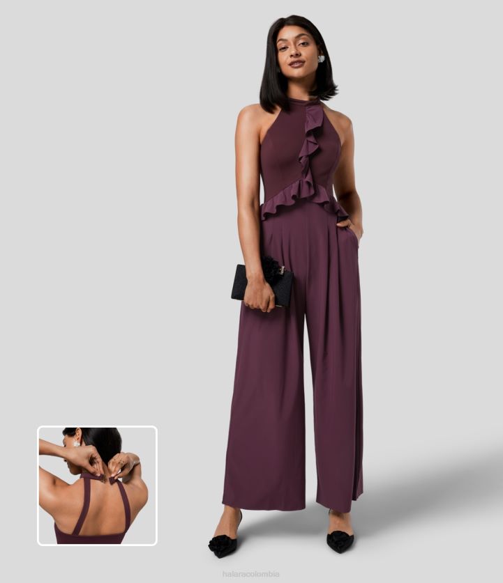 ropa amaranto BBV2NZ2087 mujer Halara Mono de dama de honor e invitada de boda de secado rápido con pierna ancha y bolsillo sin espalda con hebilla y volantes