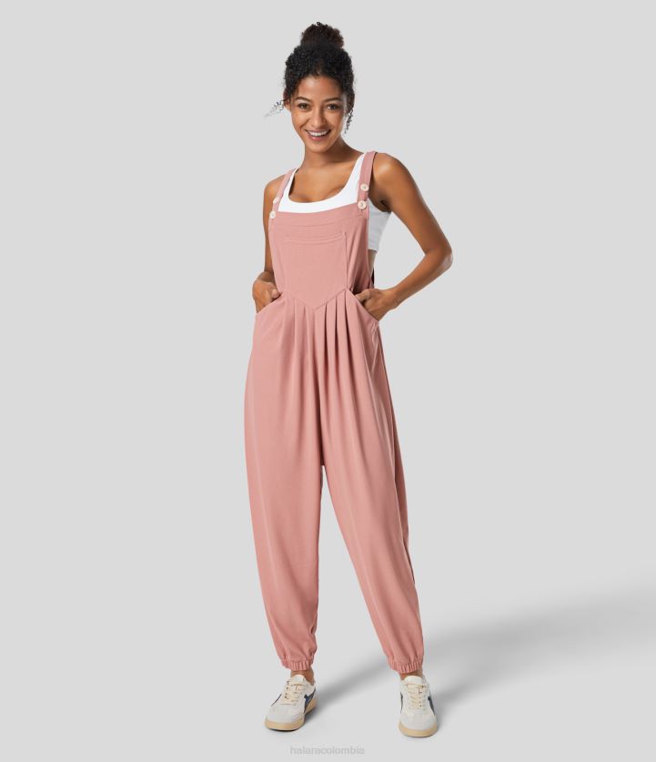 ropa bronceado rosa BBV2NZ2066 mujer Halara Correa ajustable con botones, múltiples bolsillos, mono tipo jogger informal con diseño tipo gofre plisado