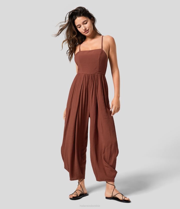 ropa copa de brandy BBV2NZ2070 mujer Halara mono resort con tirantes finos, espalda descubierta, cordones y bolsillo lateral plisado