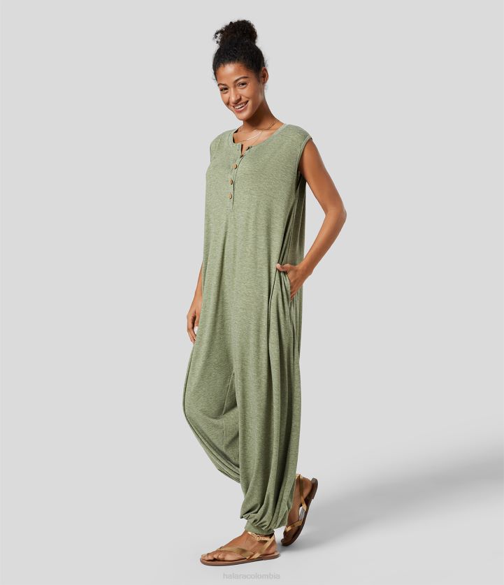 ropa hilo floral verde claro BBV2NZ2072 mujer Halara mono estilo harén resort relax con bolsillo lateral sin mangas y cuello henley