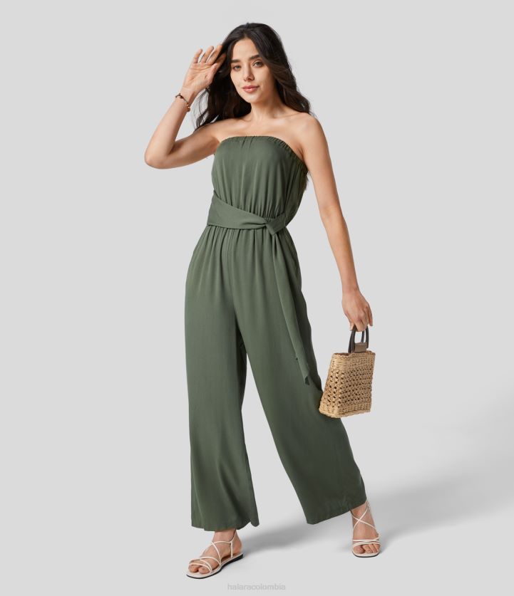 ropa madera de agar verde BBV2NZ2080 mujer Halara Mono estilo resort de pernera ancha con bolsillo lateral y cinturón plicado, espalda descubierta y tubo