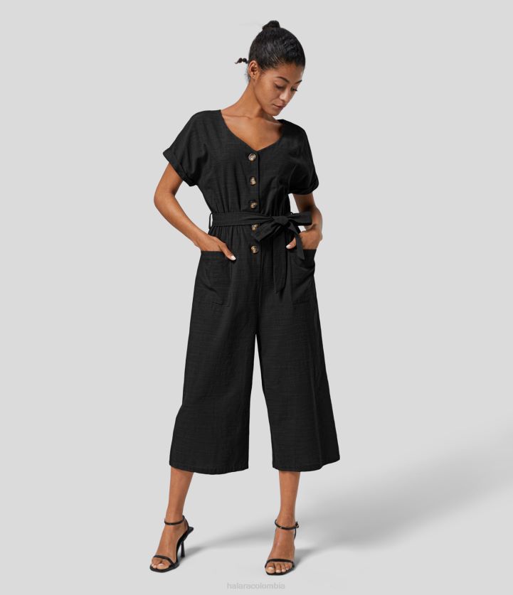 ropa negro BBV2NZ2083 mujer Halara mono casual de algodón con cuello en v y manga corta con botones y bolsillo lateral con cinturón y pierna ancha