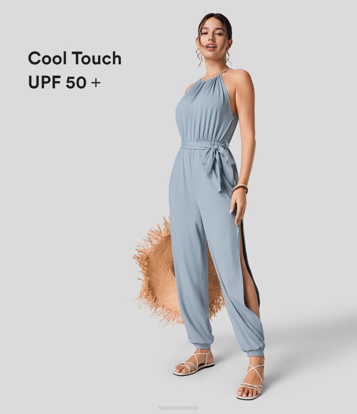 ropa niebla azul BBV2NZ2071 mujer Halara mono resort sin mangas con lazo en la espalda, bolsillo lateral con cinturón y aberturas, tacto fresco