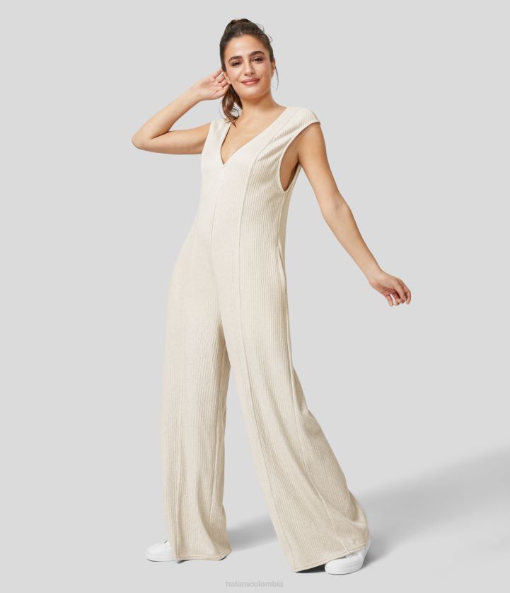 ropa susurro blanco BBV2NZ2103 mujer Halara Mono casual de pierna ancha con bolsillo lateral sin espalda y cuello en V acanalado