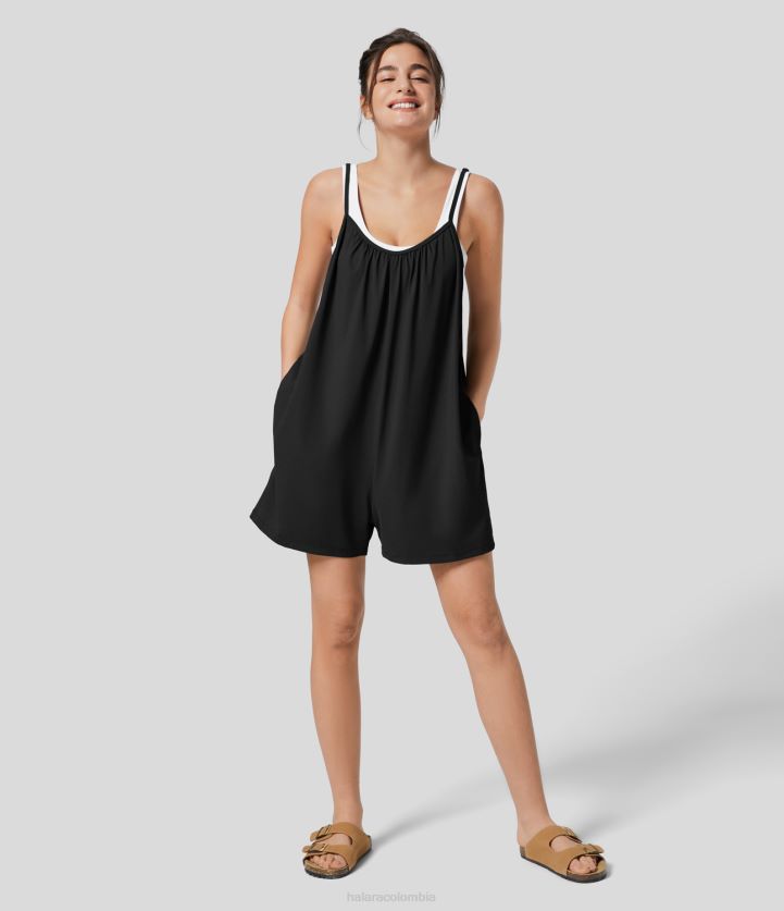 ropa zapato de claqué BBV2NZ2074 mujer Halara Mono casual de pierna ancha liso con bolsillo lateral plisado y correa ajustable de espagueti