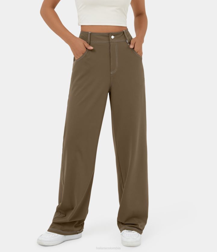 ropa Castaño BBV2NZ475 mujer Halara Softlyzero pantalones casuales aireados de talle alto con cremallera y botones, múltiples bolsillos, pierna recta y tacto fresco