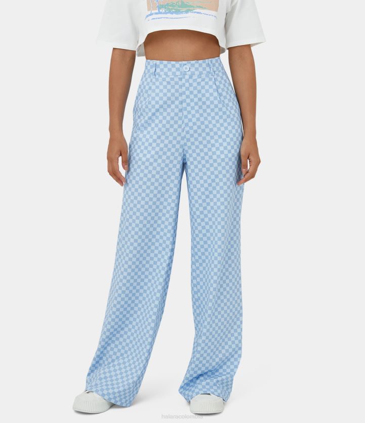 ropa Cuadrado azul BBV2NZ200 mujer Halara pantalones casuales a cuadros de pierna ancha con bolsillo lateral con cremallera y botones de talle medio