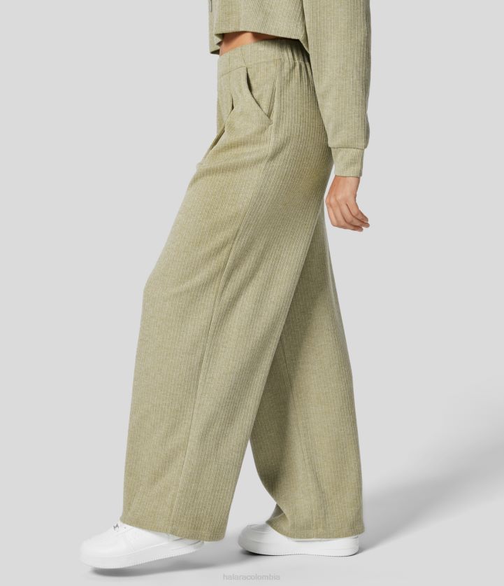 ropa Verde Gris BBV2NZ141 mujer Halara pantalones casuales de pernera ancha con bolsillo lateral plicado y talle alto de canalé