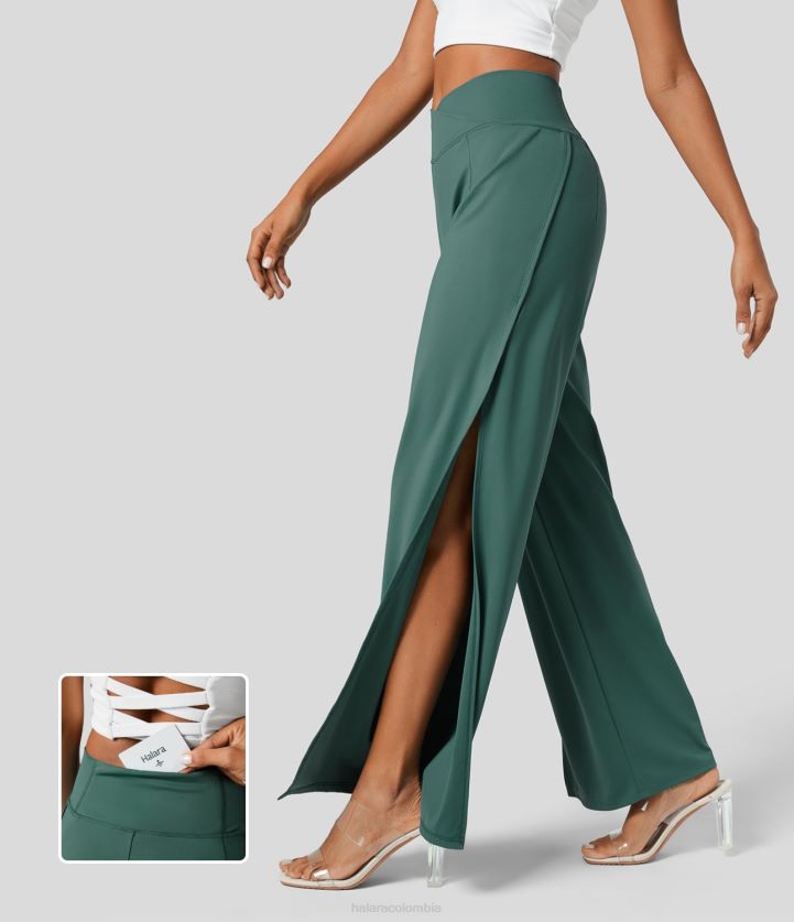 ropa abeto azul BBV2NZ148 mujer Halara pantalones casuales de pierna ancha con abertura y bolsillo trasero cruzado de talle alto