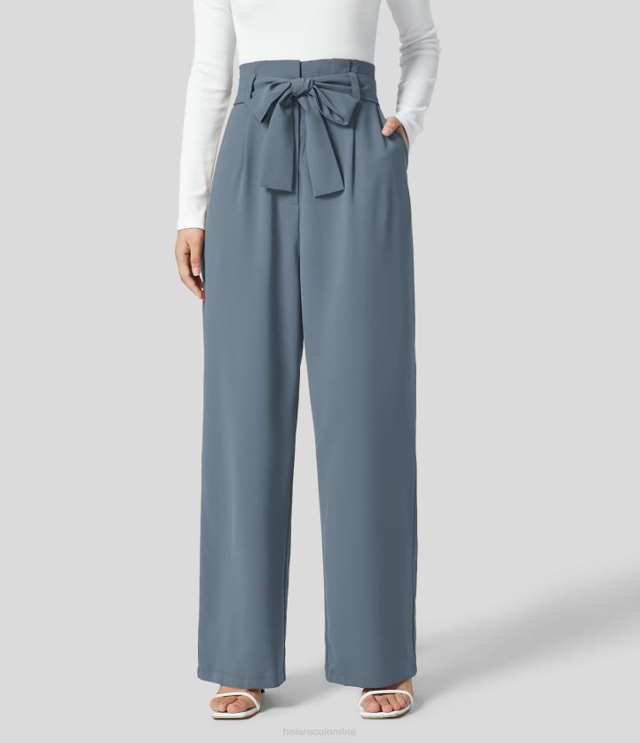 ropa azul gris mar profundo BBV2NZ127 mujer Halara Pantalones de traje de trabajo con pernera ancha, bolsillo lateral, cinturón, cintura alta, bolsa de papel
