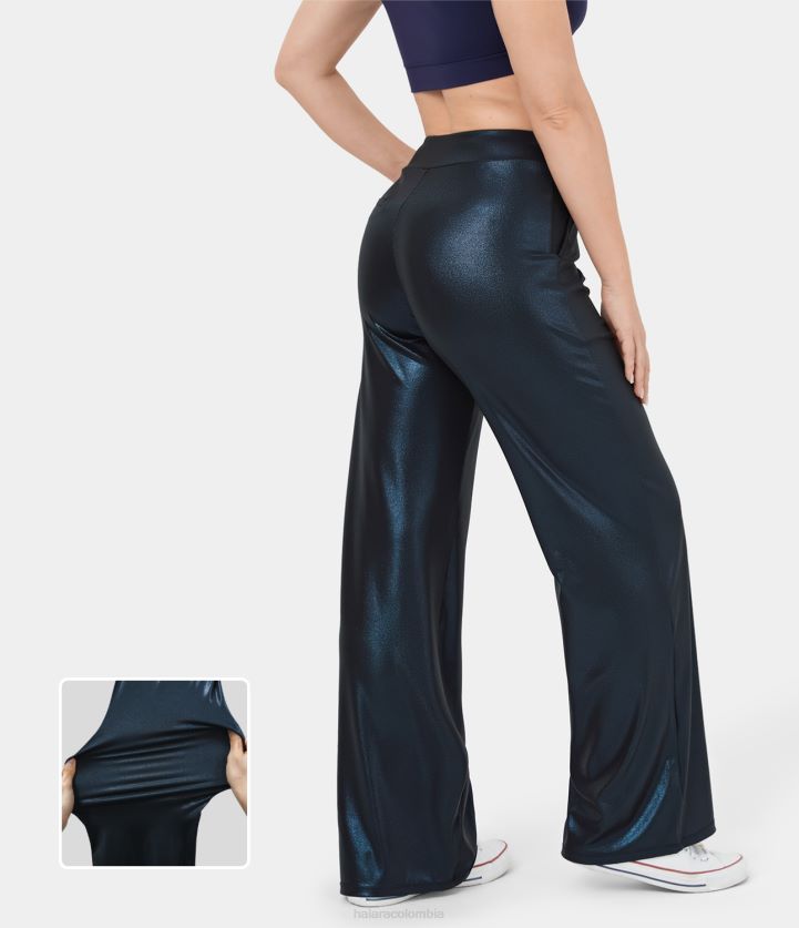 ropa azul medianoche brillante BBV2NZ180 mujer Halara pantalones de yoga elásticos de pierna ancha con estampado metalizado y bolsillo lateral de talle medio de piel sintética de softlyzero