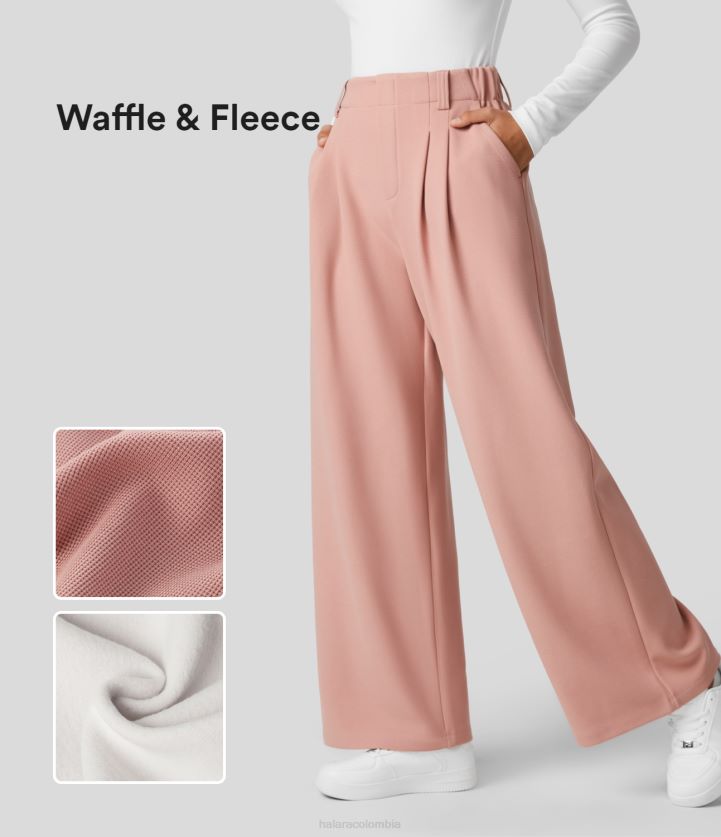 ropa beige durazno BBV2NZ228 mujer Halara pantalones casuales de polar tipo waffle con pernera ancha y bolsillo lateral plicado de talle alto