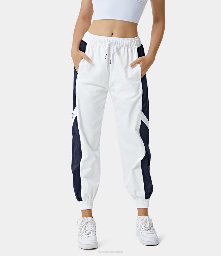 ropa blanco BBV2NZ269 mujer Halara pantalones color block con bolsillo lateral con cordón y talle medio