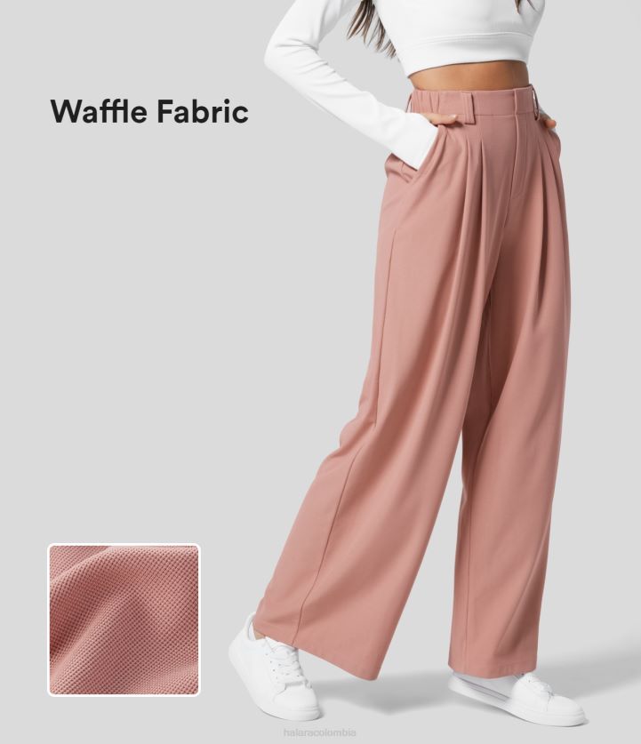 ropa bronceado rosa BBV2NZ113 mujer Halara pantalones de trabajo tipo waffle con pernera ancha y bolsillo lateral plicado de talle alto