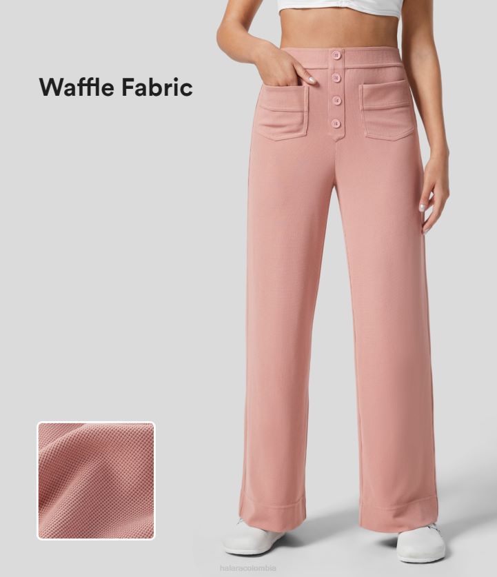 ropa bronceado rosa BBV2NZ447 mujer Halara pantalones casuales estilo waffle de pierna recta con múltiples bolsillos y botones de cintura alta