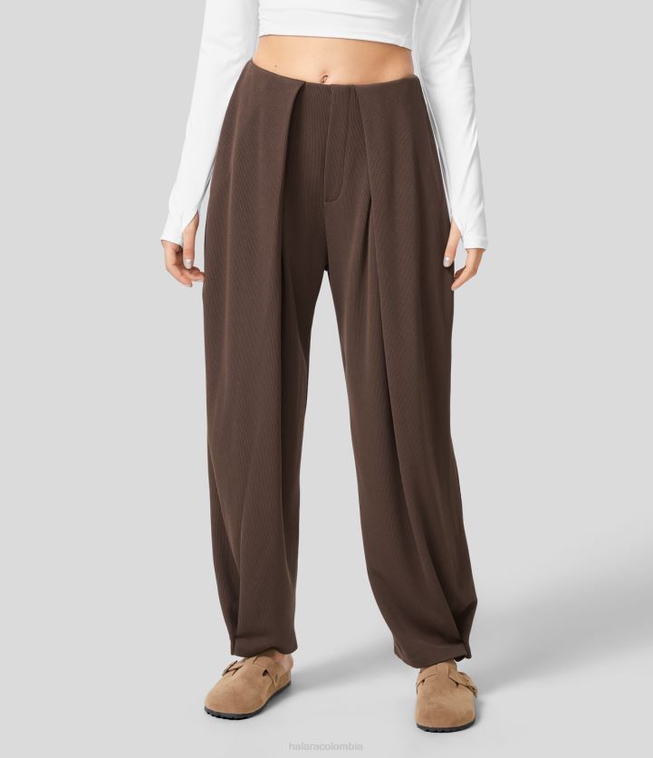 ropa castaña BBV2NZ451 mujer Halara pantalones casuales de canalé con cintura alta, bolsillo lateral y dobladillo con botones ajustables