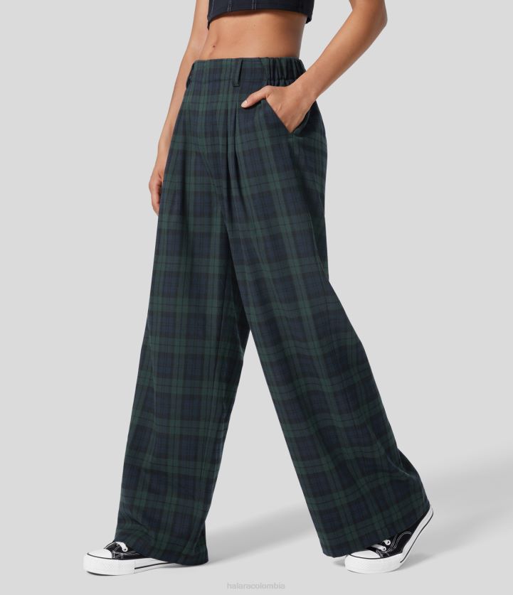 ropa cuadros azul verde BBV2NZ175 mujer Halara pantalones casuales de pierna ancha a cuadros con bolsillo lateral plicado de cintura alta