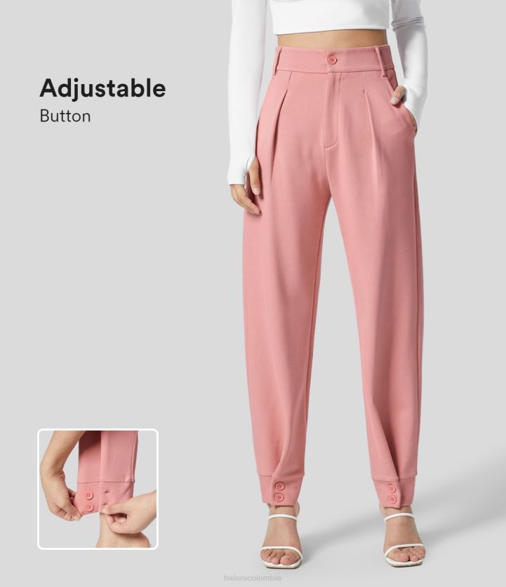 ropa flor de durazno rosa BBV2NZ402 mujer Halara pantalones cónicos de trabajo con dobladillo con botones ajustables y bolsillo lateral de cintura alta