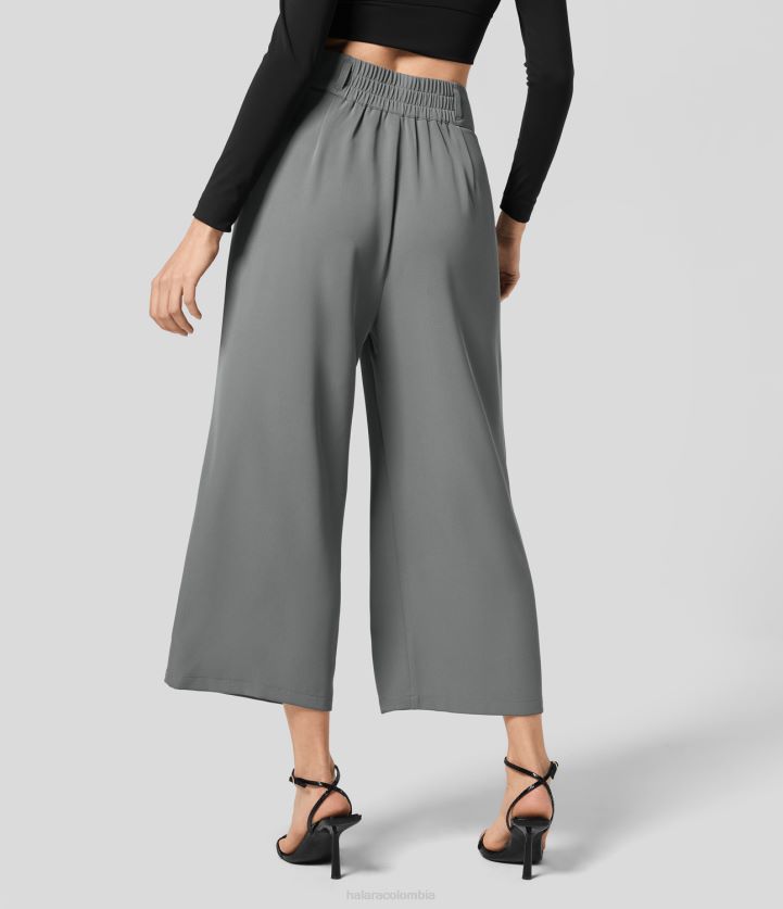 ropa gris pólvora BBV2NZ178 mujer Halara pantalones de traje de trabajo recortados con pernera ancha fruncida y bolsillo lateral plisado con cremallera y botones de talle alto