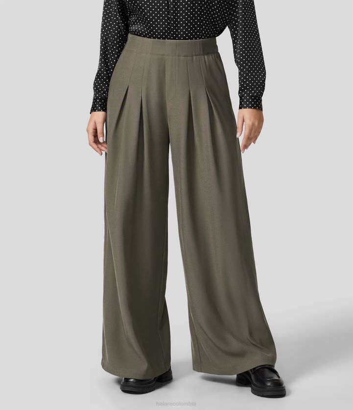 ropa gris piedra BBV2NZ143 mujer Halara pantalones de trabajo de pierna ancha con bolsillo lateral plicado y talle alto