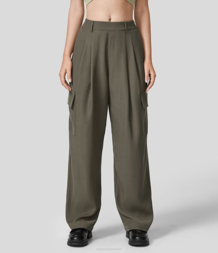 ropa gris piedra BBV2NZ411 mujer Halara pantalones de trabajo de talle medio con múltiples bolsillos plicados