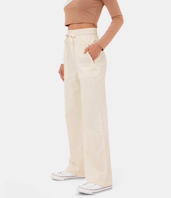 ropa helado de vainilla BBV2NZ470 mujer Halara pantalones casuales de algodón con pierna ancha y bolsillo con cremallera lateral con cordón y talle alto