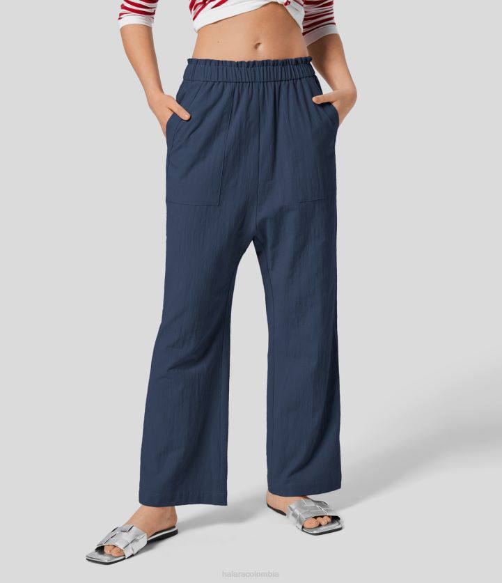 ropa insignias azules BBV2NZ484 mujer Halara pantalones harén de algodón resort con múltiples bolsillos y volantes de talle bajo