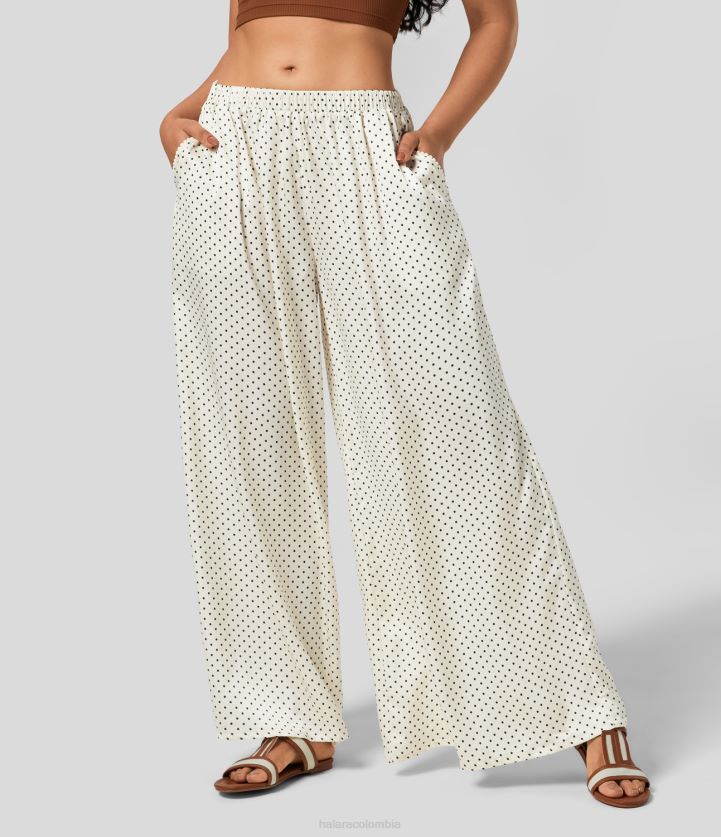 ropa lunares beige claro BBV2NZ163 mujer Halara pantalones resort fluidos de talle medio, bolsillo lateral plicado, pernera ancha y lunares