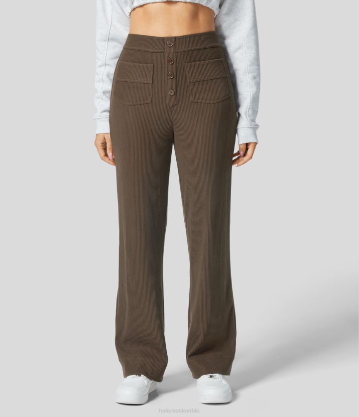 ropa marrón terroso espeso BBV2NZ478 mujer Halara pantalones casuales de pierna recta con múltiples bolsillos y botones de cintura alta de punto acanalado