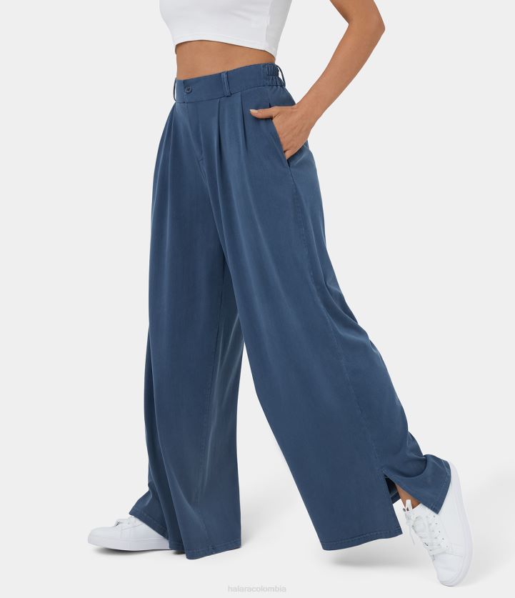 ropa mezclilla azul índigo BBV2NZ119 mujer Halara pantalones casuales de pierna ancha con dobladillo dividido y bolsillo lateral plicado con cremallera y botones de talle alto