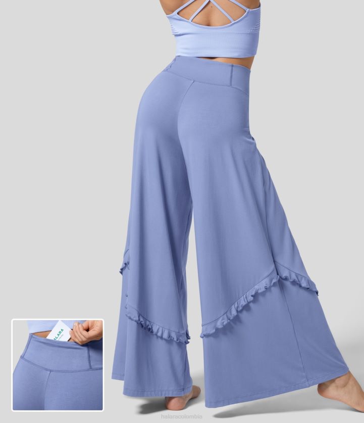 ropa mezclilla blanqueada BBV2NZ138 mujer Halara pantalones casuales de pierna ancha fluidos con volantes y bolsillo trasero de talle medio