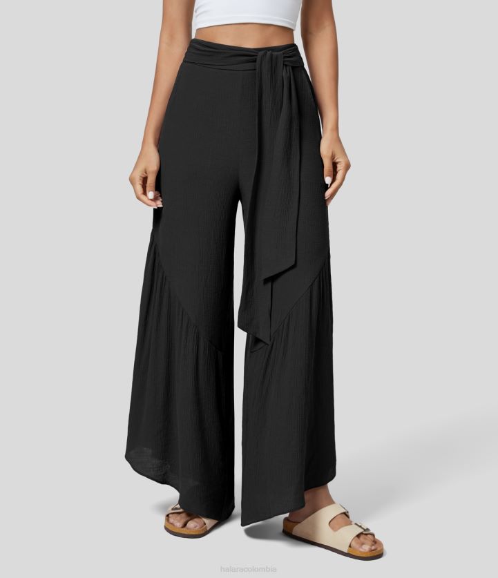 ropa negro BBV2NZ172 mujer Halara pantalones casuales fluidos de pierna ancha con bolsillo lateral con cremallera frontal y lazo de cintura alta