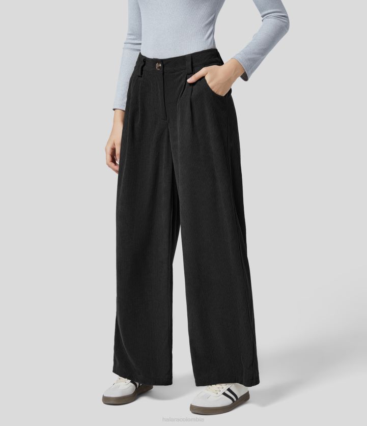 ropa negro BBV2NZ182 mujer Halara pantalones casuales de pierna ancha de pana sólida con bolsillo lateral con cremallera y botones de talle medio