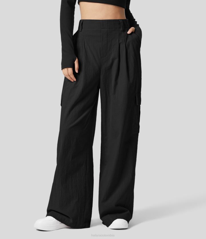 ropa negro BBV2NZ185 mujer Halara pantalones casuales palazzo de algodón lisos fluidos con pierna ancha y múltiples bolsillos plicados de cintura alta