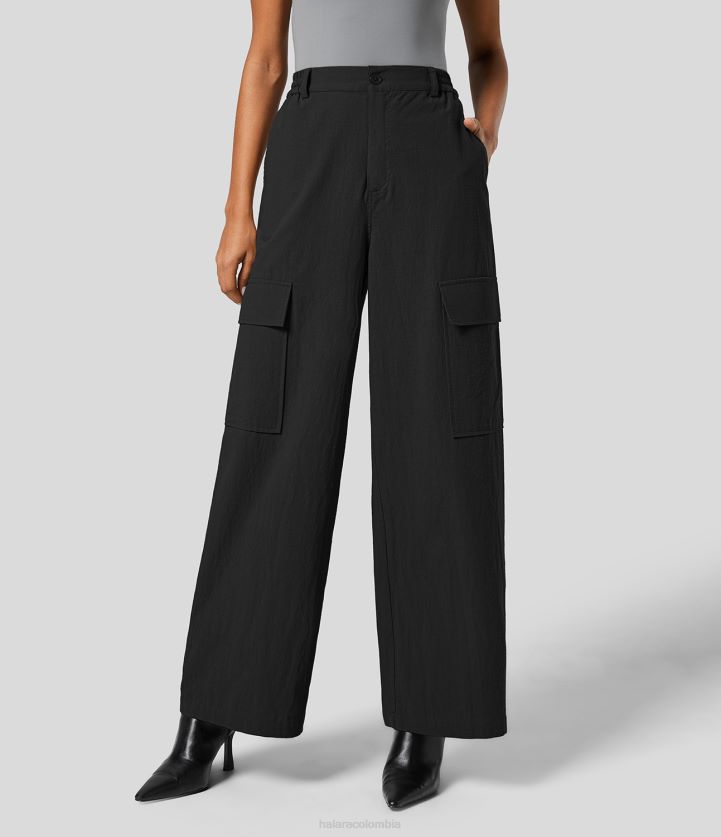 ropa negro BBV2NZ210 mujer Halara pantalones de algodón de trabajo de pierna ancha con múltiples bolsillos y cremallera con botones de cintura alta