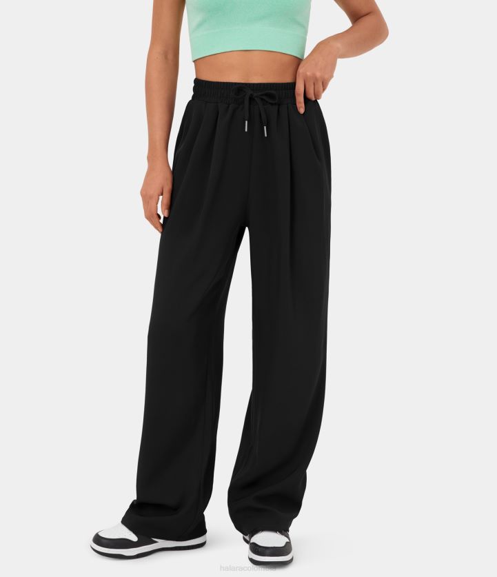 ropa negro BBV2NZ214 mujer Halara pantalones casuales de pierna ancha con bolsillo lateral con cordón y talle alto