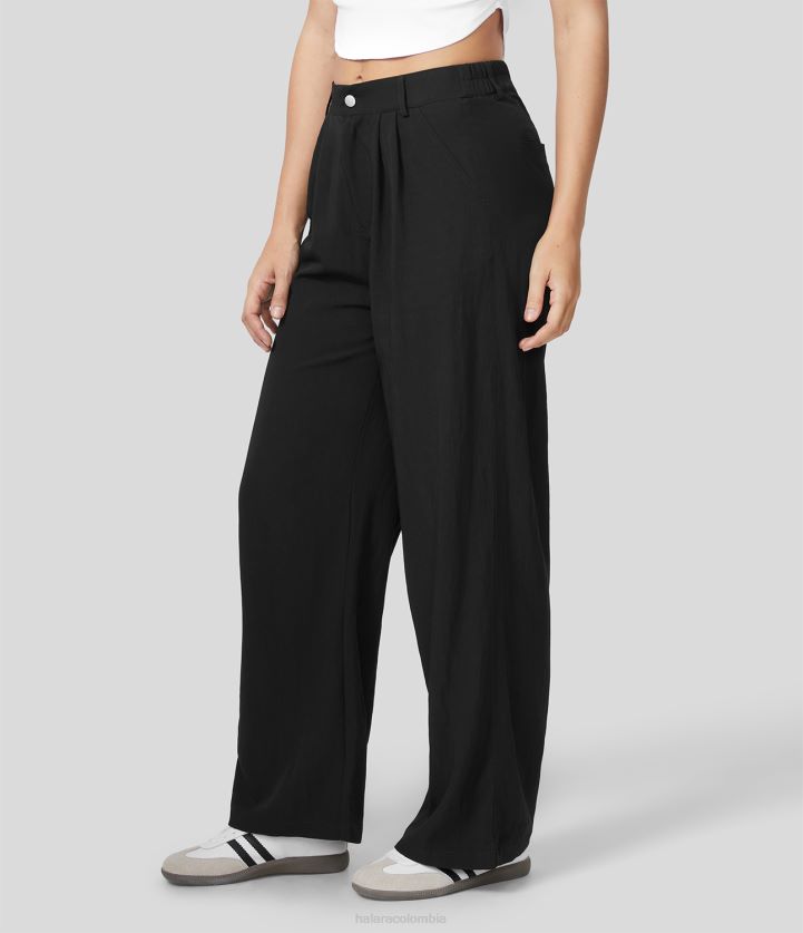 ropa negro BBV2NZ220 mujer Halara pantalones casuales de algodón con pernera ancha y bolsillo lateral plicado con cremallera y botones de talle medio