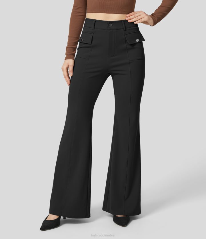 ropa negro BBV2NZ381 mujer Halara pantalones acampanados de trabajo con bolsillo con solapa y cremallera con botones y talle alto