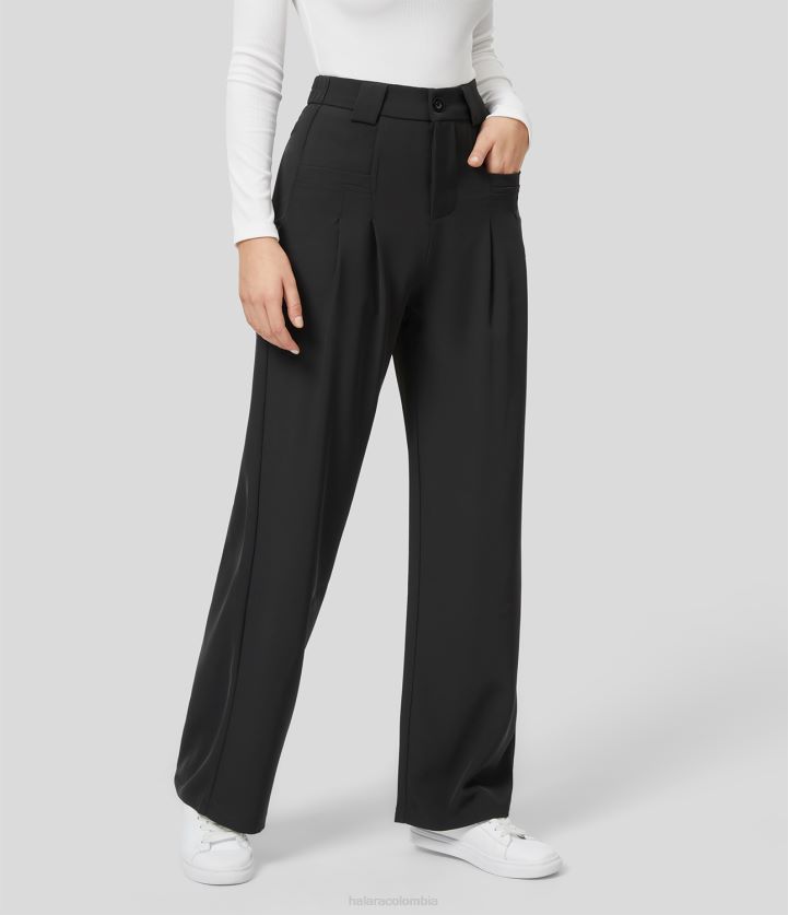 ropa negro BBV2NZ430 mujer Halara pantalones de trabajo de pierna recta con bolsillo lateral plisado y cremallera con botones de cintura alta