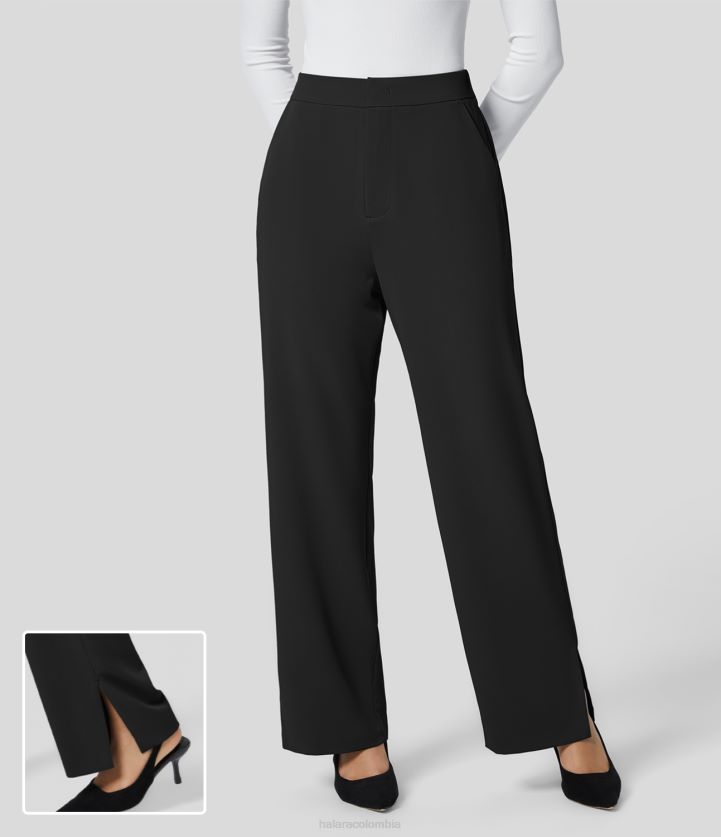 ropa negro BBV2NZ439 mujer Halara Pantalones de traje de trabajo lisos con pierna recta y dobladillo dividido con bolsillo lateral con cremallera y cintura alta