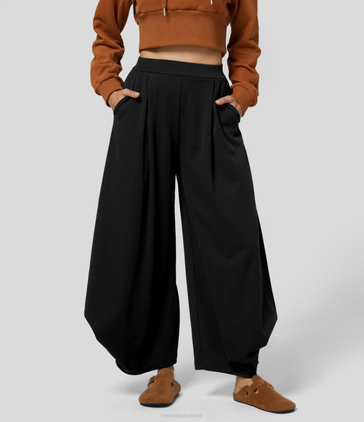 ropa negro BBV2NZ450 mujer Halara pantalones harén casuales lisos con múltiples bolsillos plicados y cintura alta acanalados