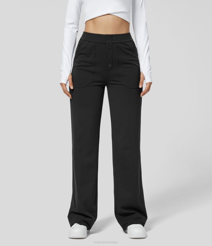 ropa negro BBV2NZ454 mujer Halara pantalones casuales de pierna recta con múltiples bolsillos y botones de cintura alta