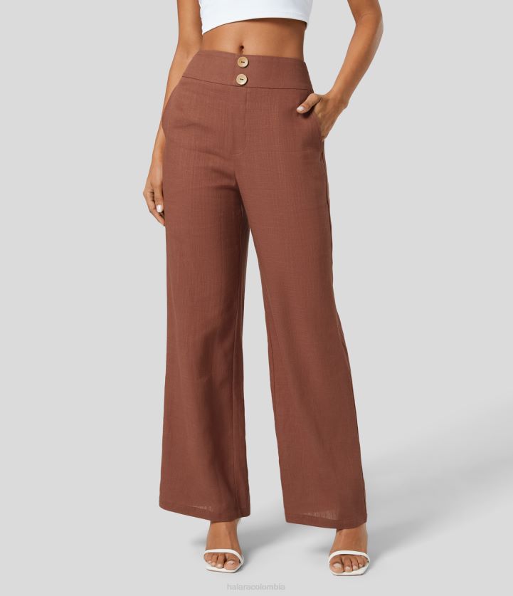 ropa negro BBV2NZ465 mujer Halara pantalones casuales de lino con cintura alta y bolsillo lateral con botones y pierna recta