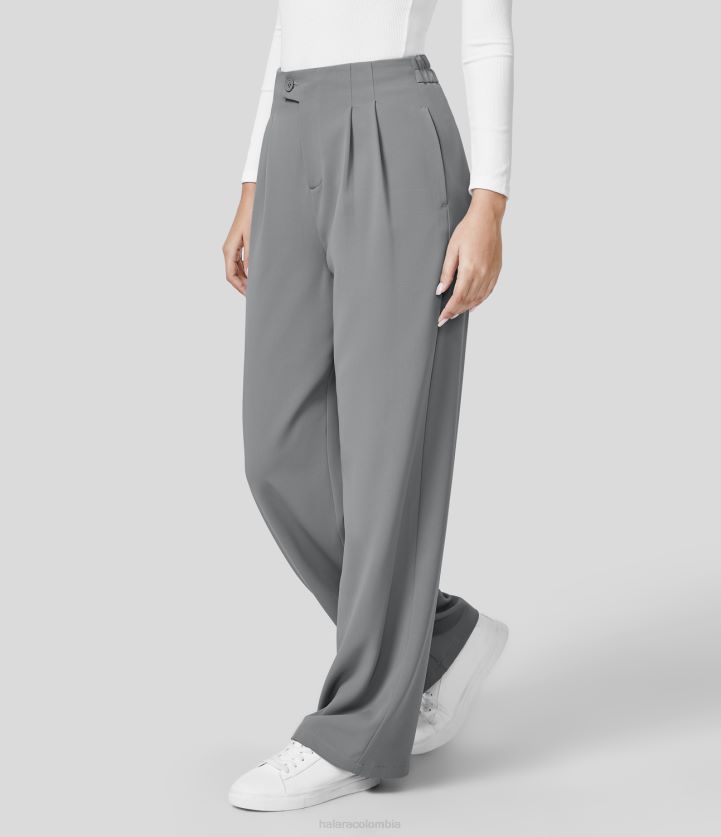 ropa original BBV2NZ443 mujer Halara pantalones de trabajo de pierna recta con bolsillo lateral plisado y cremallera con botones de cintura alta