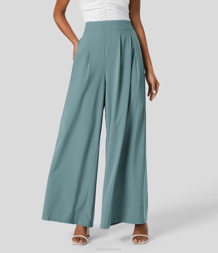 ropa piedra azul BBV2NZ154 mujer Halara pantalones casuales palazzo lisos fluidos de secado rápido con bolsillo lateral plicado y pierna ancha fruncidos